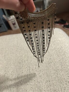 Gold Fringe Statement Necklace with Black Beads